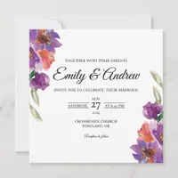 Lavender Orange Floral Watercolor Square Wedding Invitation