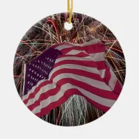 American Flag and Fireworks Ceramic Ornament