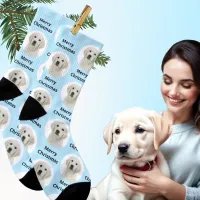 Merry Christmas Custom Pet Dog Photo Light Blue Socks