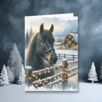 Beautiful Festive Black Horse on Farm Christmas Card