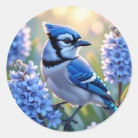 Pretty Blue Jay and Lilacs AI Illustration Classic Round Sticker