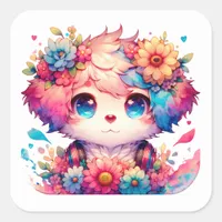 Rainbow Anime Puppy Birthday Cake   Square Sticker