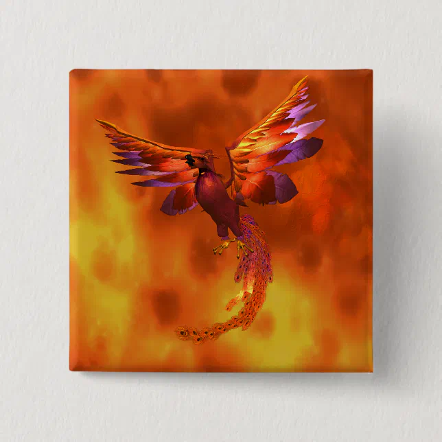 Colorful Phoenix Flying Against a Fiery Background Pinback Button