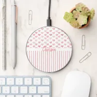 Blush Pink Watercolor Hearts and Stripes Pattern Wireless Charger