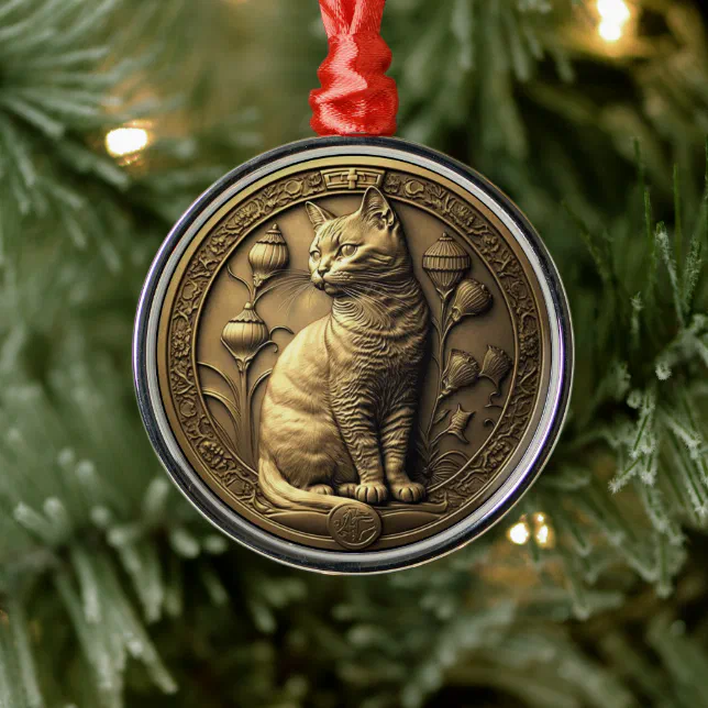 Gold Sitting Cat Medallion Metal Ornament