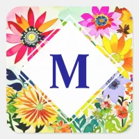 Watercolor Flowers Monogrammed  Square Sticker