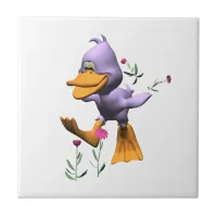 Cute Happy Cartoon Duck Running Through Flowers Ceramic Tile