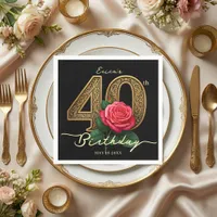 Elegant Black Gold Filigree Red Rose 40th Birthday Napkins