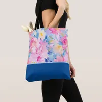 Pink, Blue Abstract Watercolor Flowers Color Block Tote Bag