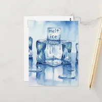 Melting ice cubes watercolor typography puddle postcard