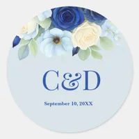 Navy Royal Bue Wedding Watercolor Ivory Flowers Classic Round Sticker