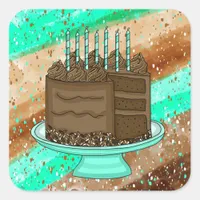 Teal and Brown Chocolate Cake Birthday   Square Sticker