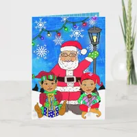 Whimsical Ethnic Santa and Elves Christmas Card