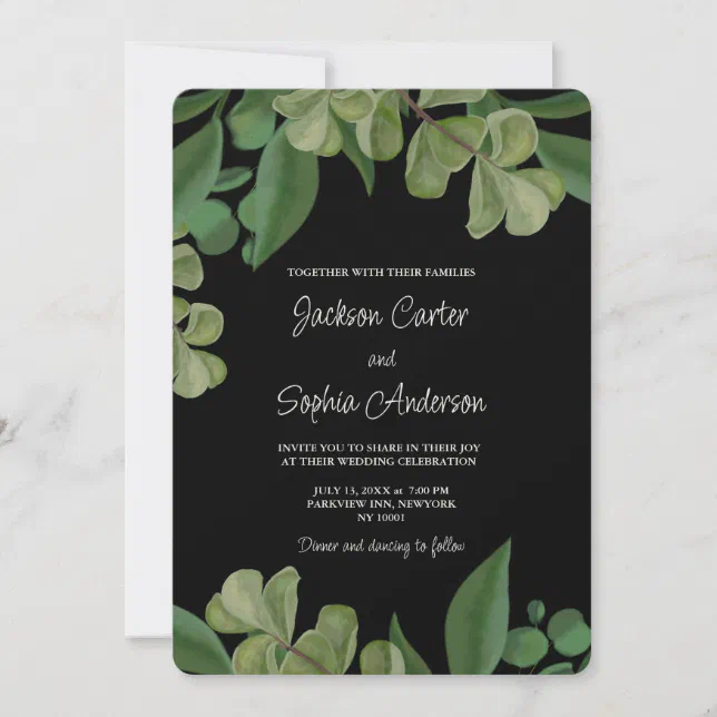 Black & green Elegant rustic greenery leaves lush Invitation