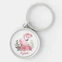 Girly Pink Flamingo Floral Roses Name Keychain