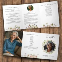 Watercolor Floral 3-Photo Funeral/Memorial Service Tri-Fold Program