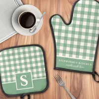 Pastel Sage Gingham Plaid Checkered Monogrammed Oven Mitt & Pot Holder Set