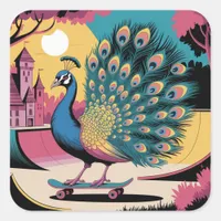 A Skateboarding Peacock Square Sticker