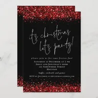 Elegant Red Glitter Its Christmas Lets Party Black Invitation