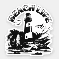 Black and White Lighthouse Beach Life Sticker