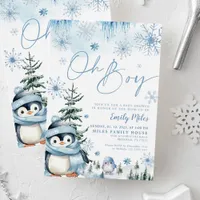 Oh Boy invitation, Winter penguin baby shower Invitation