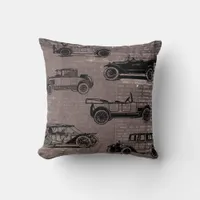 Vintage cars on taupe brick and newspaper print th throw pillow