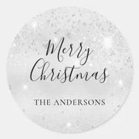 Christmas silver glitter monogram classic round sticker