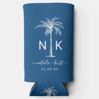 Bride Groom Blue White Palm Tree Monogram Wedding Seltzer Can Cooler