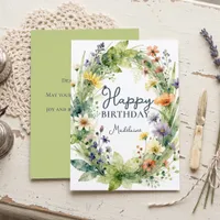 Watercolor Wildflower Wreath Botanical Birthday Card