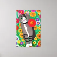 Whimsical Gray and White Cats and Red Flower Canvas Print