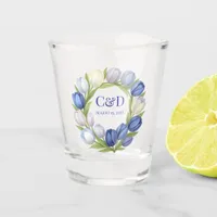 Elegant Watercolor Tulip Wreath Wedding Blue Ivory Shot Glass