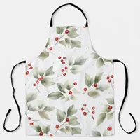 Watercolor Green Holly and Red Berries Apron