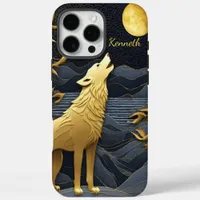 Golden Wolf Howling Under Full Moon at Night iPhone 16 Pro Max Case