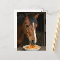 cute bay horse eating spaghetti postcard