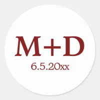 Minimalist Red Couple Initials & Date Classic Round Sticker