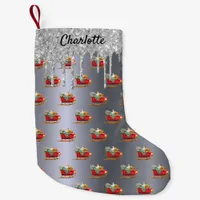 Christmas silver red sleigh Santa glitter monogram Small Christmas Stocking