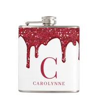 Chic White Red Sparkle Glitter Drips Monogram Flask