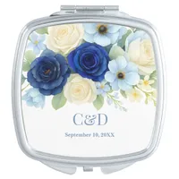 Navy Royal Bue Wedding Watercolor Ivory Flowers Compact Mirror