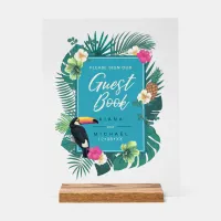 Watercolor Tropical Sign Guest Book Teal ID577