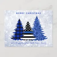 Police Christmas Thin Blue Line Plaid Glitter Tree Holiday Postcard