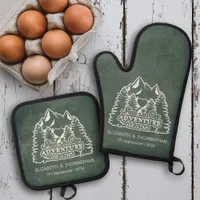 Rustic Green Chalkboard White Adventure Begins  Oven Mitt & Pot Holder Set