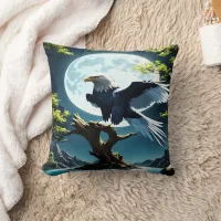 Eagle Perched on Tree Branch Under Moonlight Throw Pillow