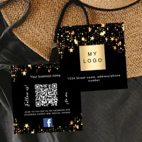 Black gold stars logo QR code Facebook follow us Square Business Card