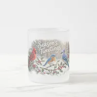 Season's Tweetings Colorful Birds on Snowy Holly Frosted Glass Coffee Mug