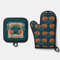 Spooky Halloween Spiders & Lily Vintage Victorian Oven Mitt & Pot Holder Set