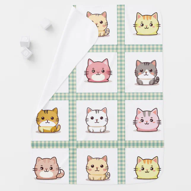 Cute Little Cats Ckecked Pattern Baby Blanket