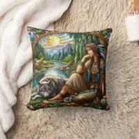 Native American Woman Sitting With Wolf By River Throw Pillow