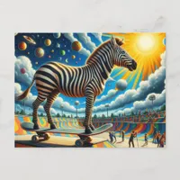 Funny Zebra Skateboarding Surreal Colorful Postcard