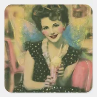 Beautiful 1950s Fairy at the Ice Cream Shop Square Sticker