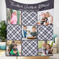 Personalized Winter Blue Gray Plaid Photo Collage Fleece Blanket